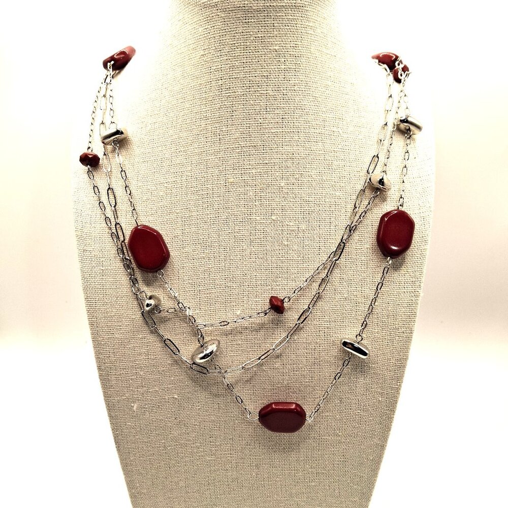 Sivertone and Red Three Strand Necklace NWT
